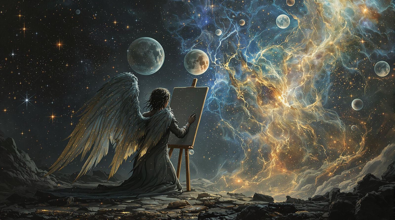 Sorrowful Angel Paints Fading Memories in Dark Fantasy Style