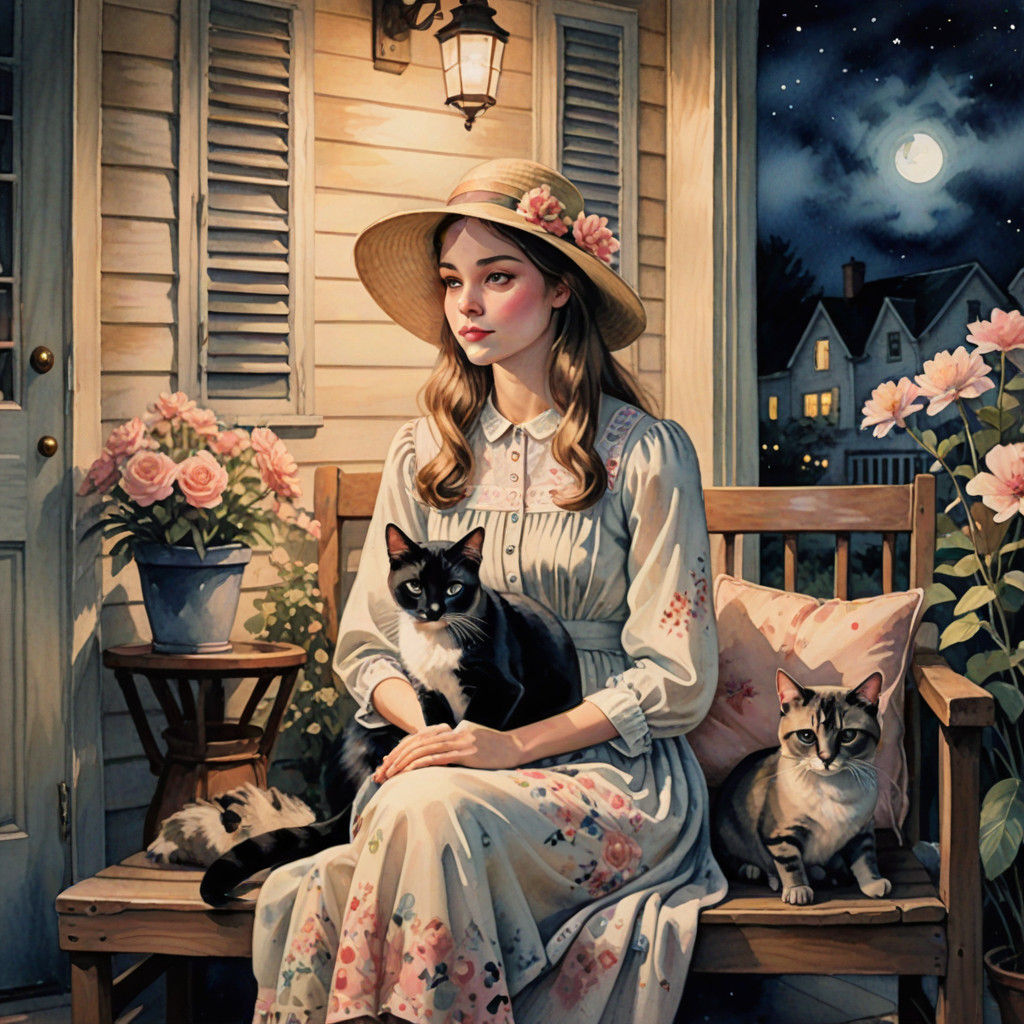 Ethereal Watercolor of Girl and Siamese Cat on a Whimsical P...