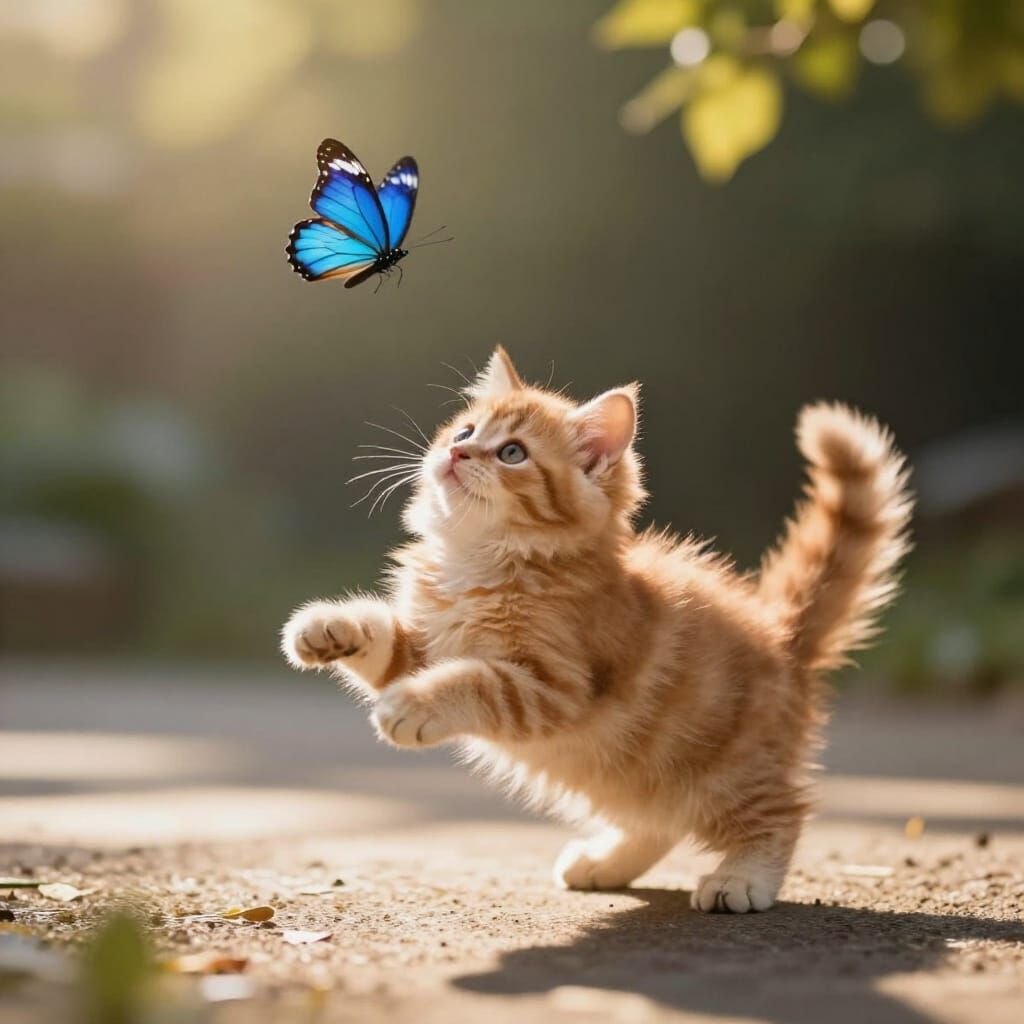 Adorable Kitten Chasing Blue Butterfly Shadow in Golden Hour