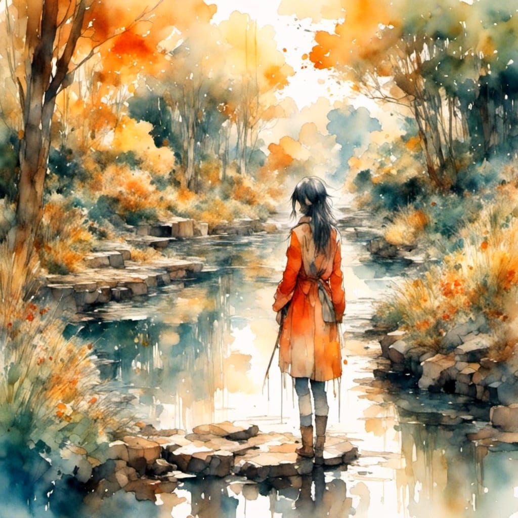 Anime Woman in Autumnal Manga Landscape