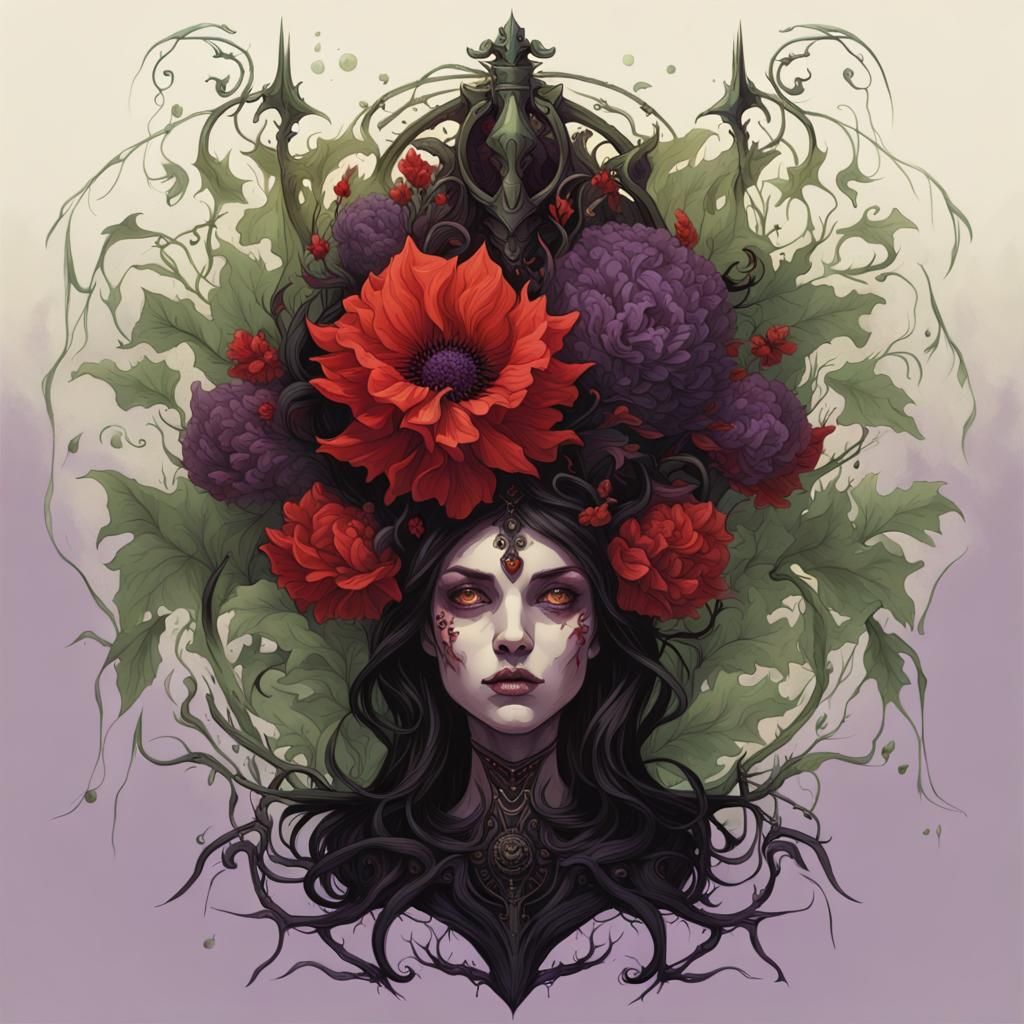 Symmetrical Red and Black Flower Bouquet Illustration