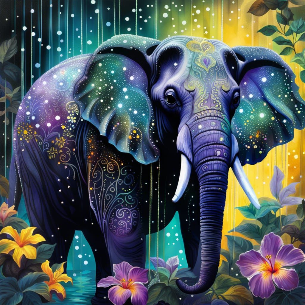 Iridescent Elephant in a Glittering Jungle Waterfall