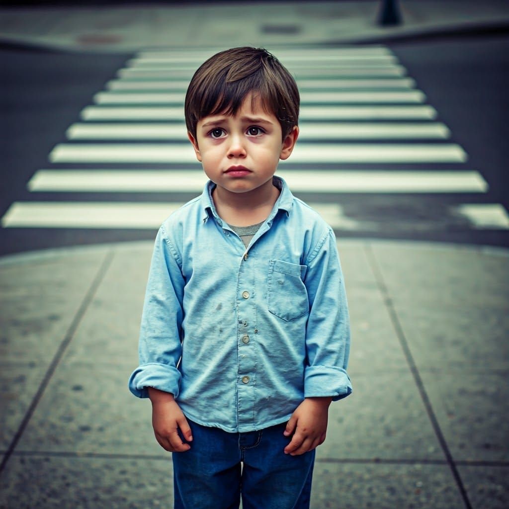 Vulnerable Boy on Sidewalk: Cinematic Film Still
