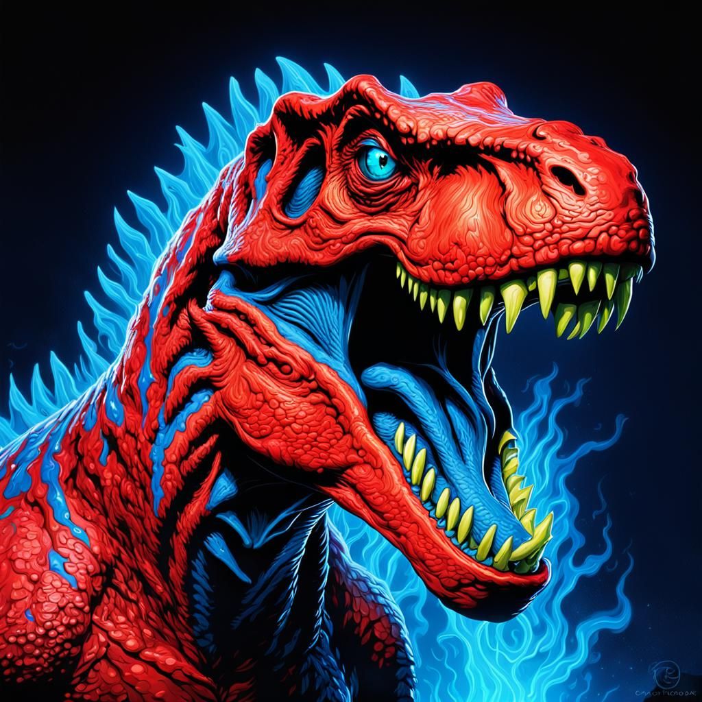 Neon T-Rex with Blue Flames