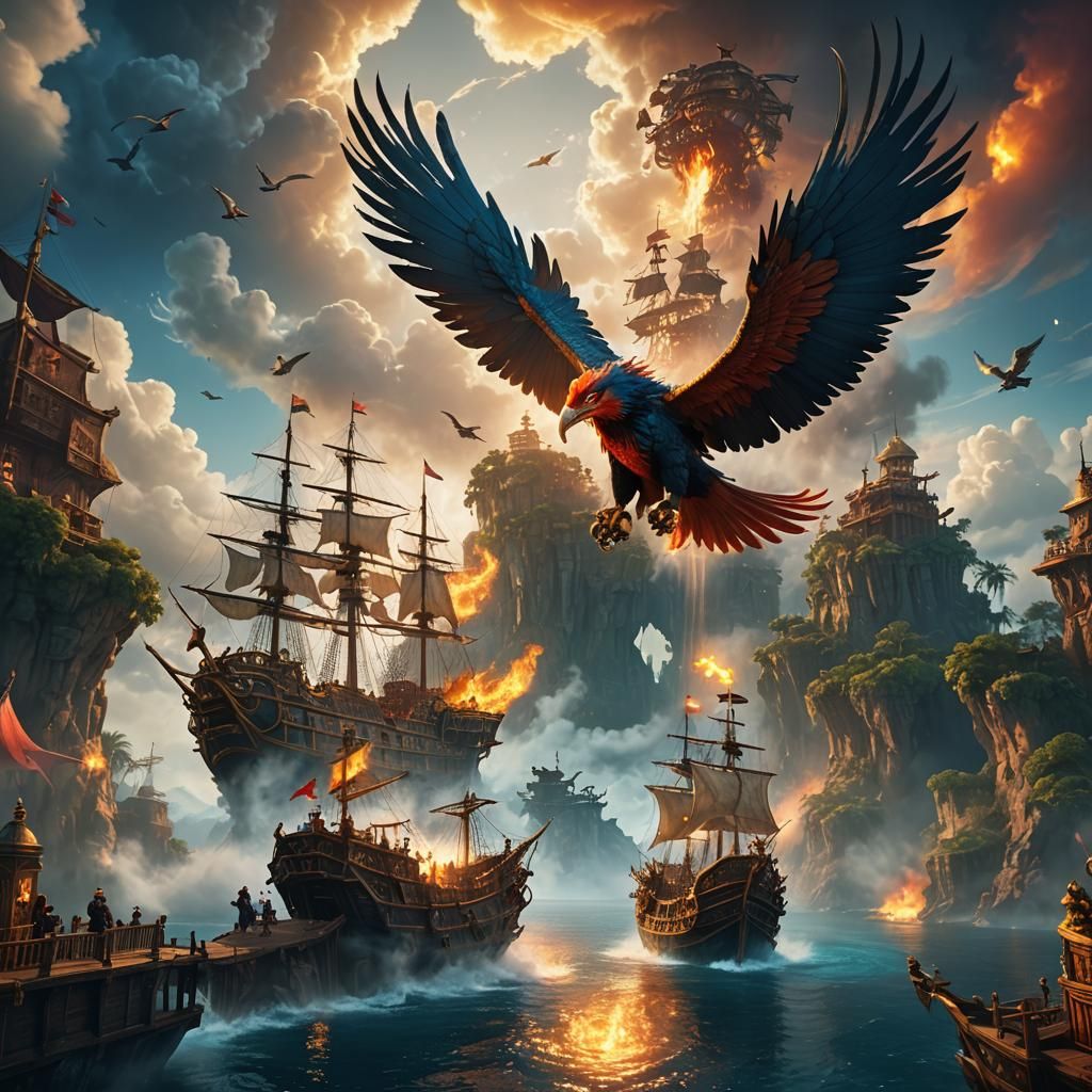 Phoenix and Pirate Ship on Floating Island