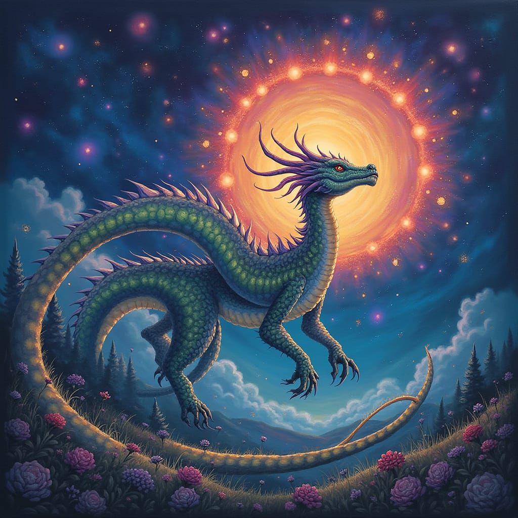 Iridescent Green Dragon in Fantasy Style