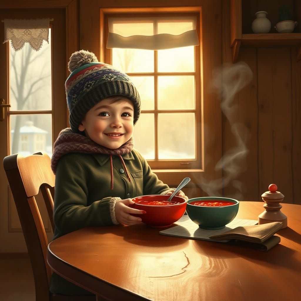 Boy with Soup in Cozy Kitchen, Painterly Style