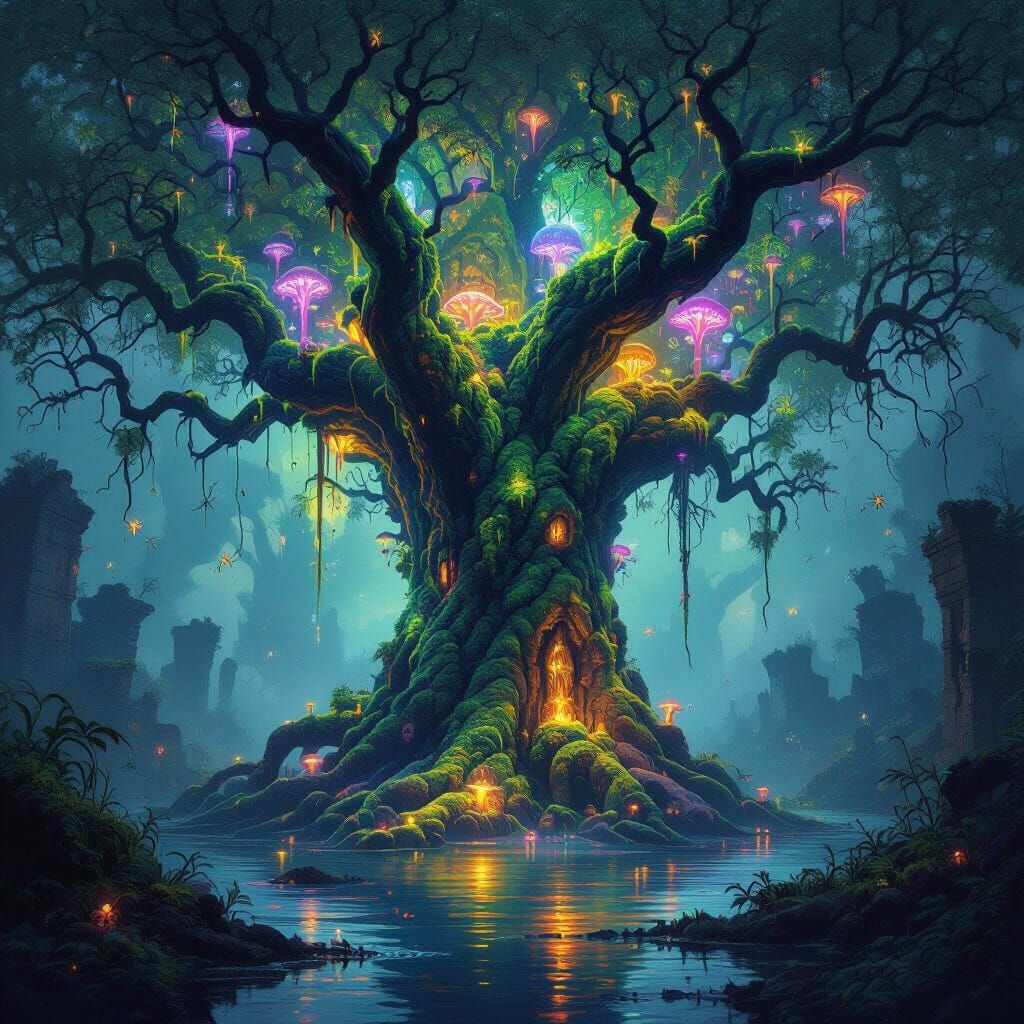 Bioluminescent Tree Towers over Misty Swamp