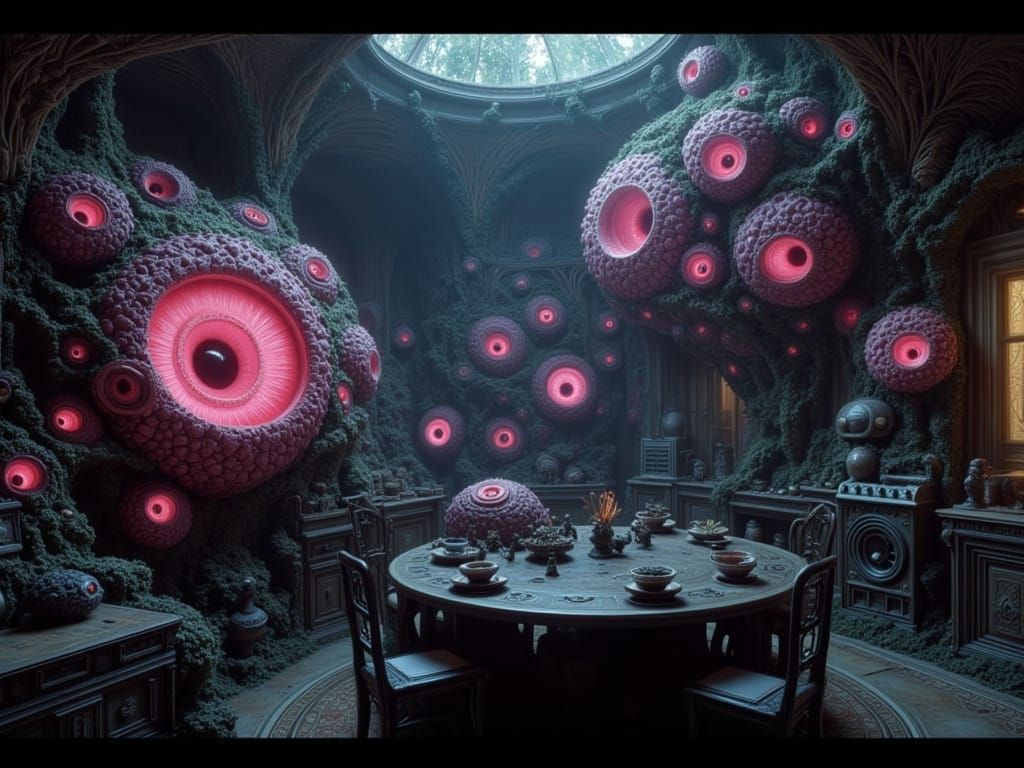 Post-Human Kitchen with Pink Eyes in Cinematic Lighting