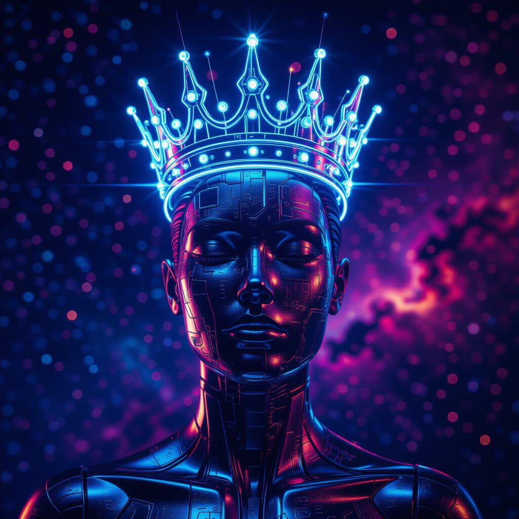 Futuristic Ruler with Holographic Crown in Cosmic Cyber Fant...