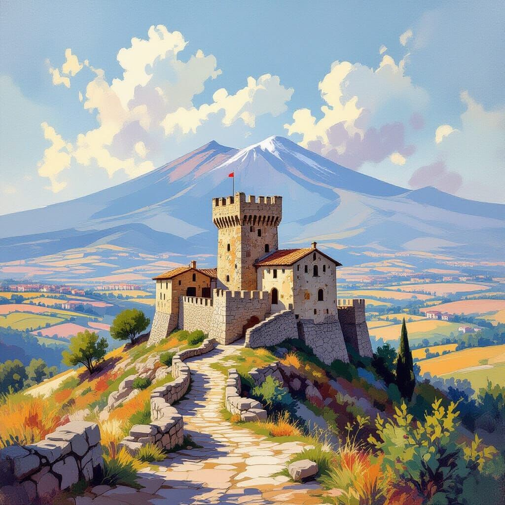 Medieval Watchtower Near Etna and Syracuse in Gouache Style