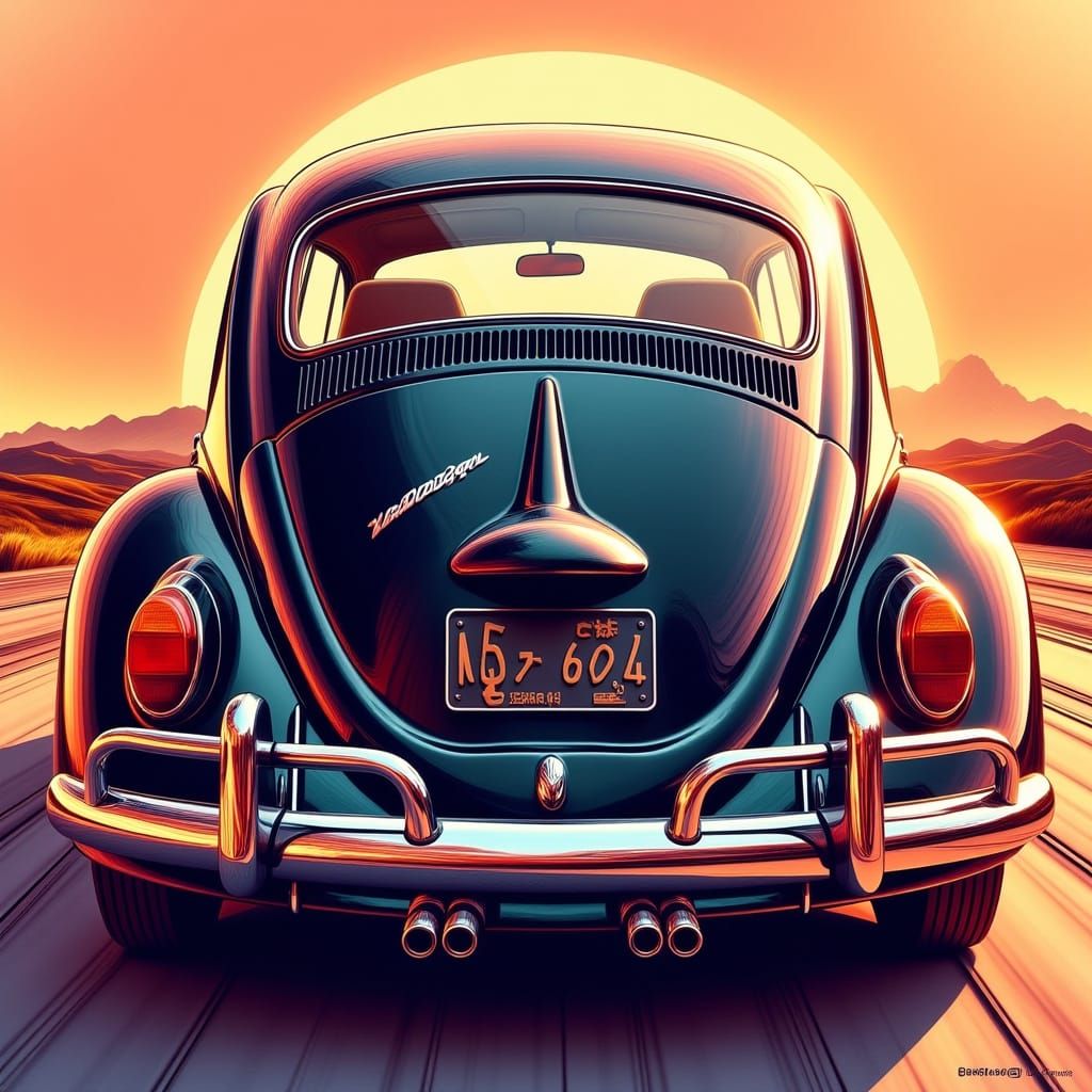 Retro-Futuristic Black Volkswagen Beetle in Vibrant Colors