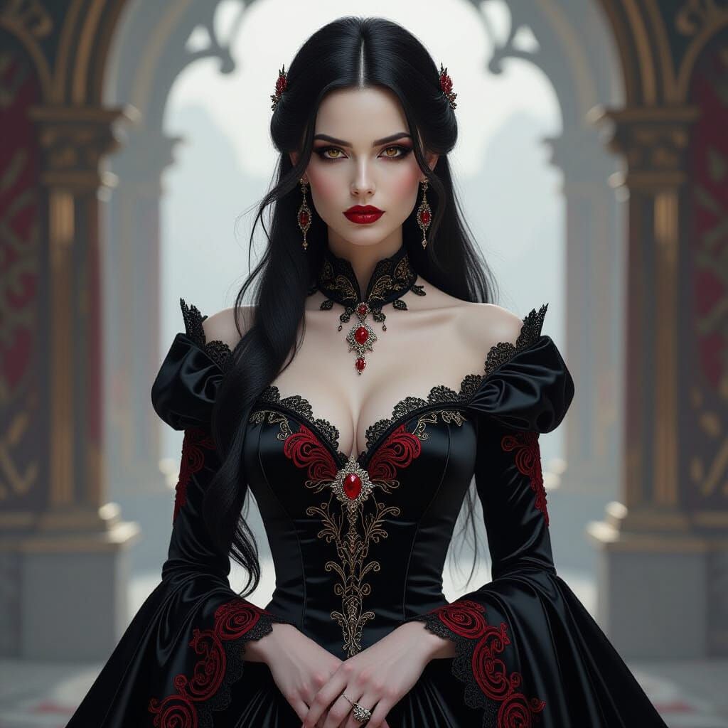 Gothic Woman in Black Satin Gown with Regal Demeanor