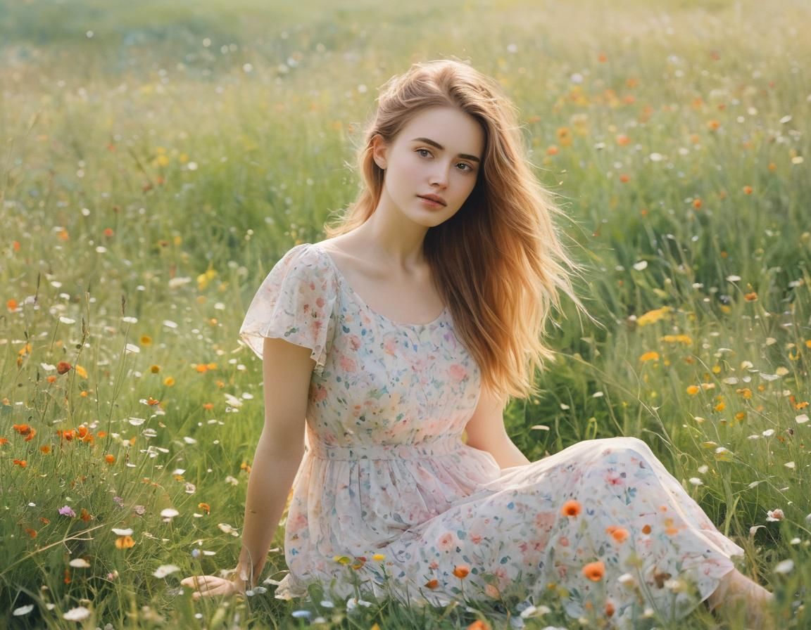 Girl in Flower Meadow, Impressionistic Watercolor