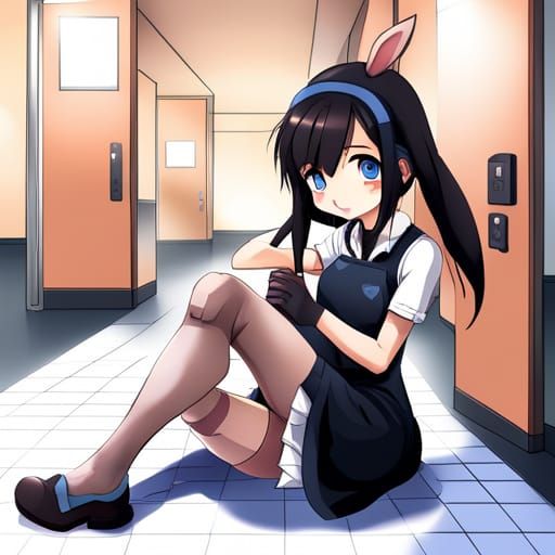Anime Rabbit Girl in High School Hallway