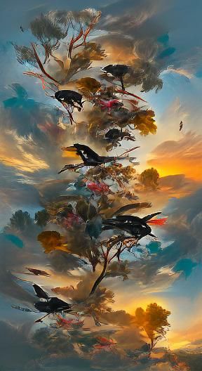 Crows Return to Perch at Sunset: Hyperdetailed Painting