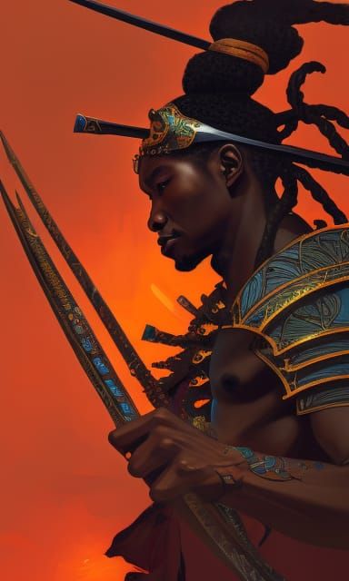 Black African Samurai Warrior Concept Art in Orange and Teal