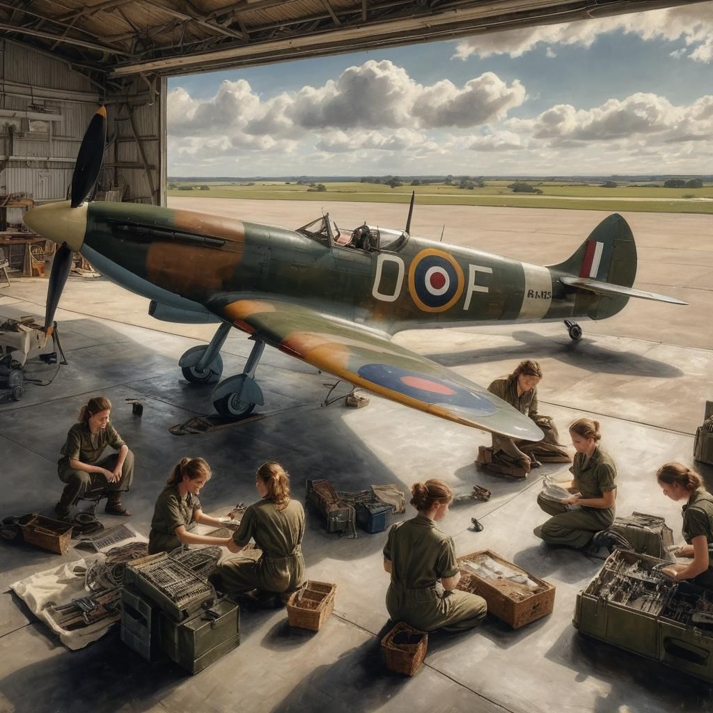 Woman Working on Spitfire in Hangar, Oil Painting