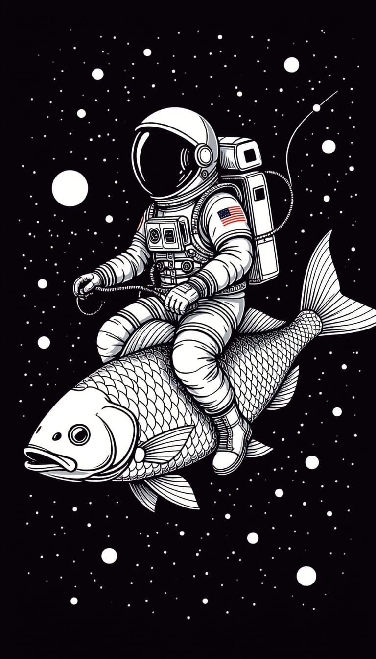 Astronaut Riding Fish in Fine Line Art Style