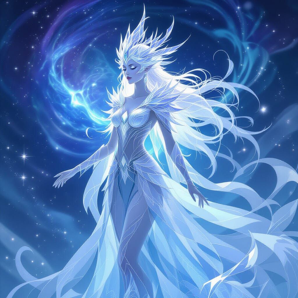 Ethereal Ice Crystal Spirit Woman in Nebula
