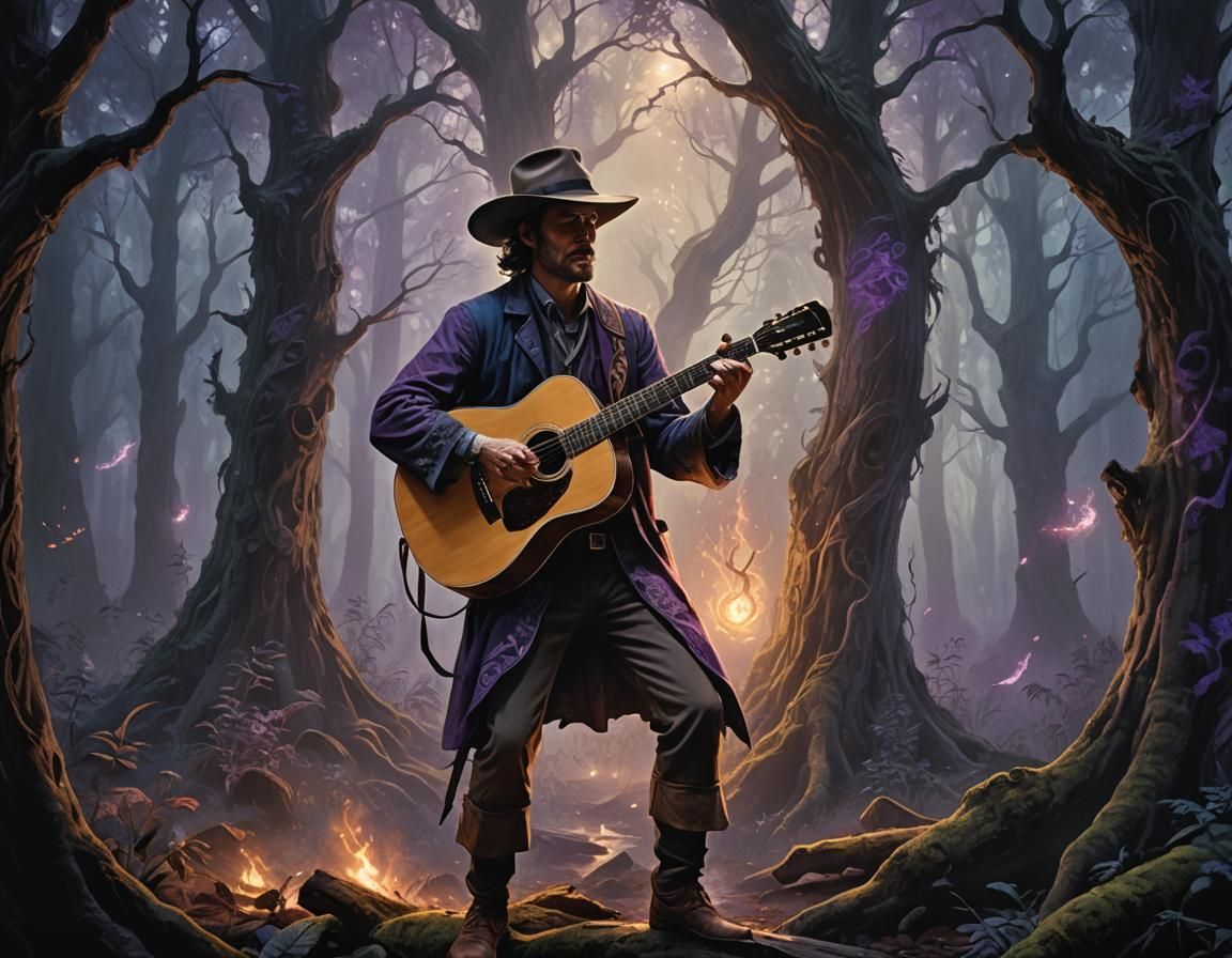 Mystical Guitarist in Forest, Illustrated Fantasy Art