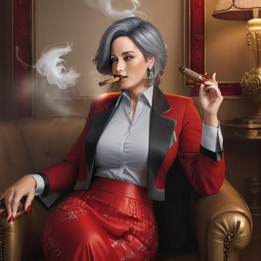 Mature Businesswoman Smoking Cigar in Red Suit