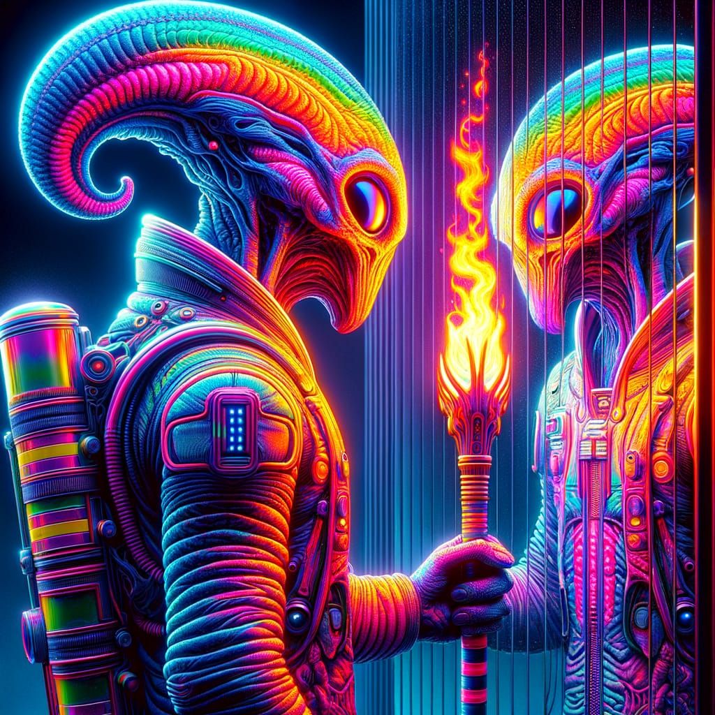Retro Futuristic Space Walker Alien in Neon Hues