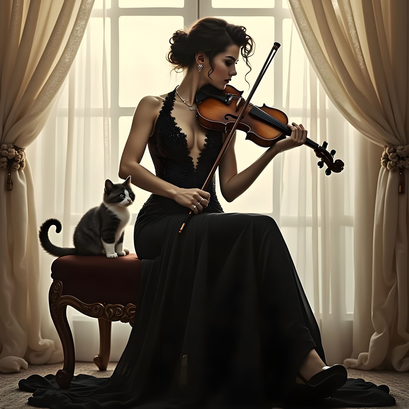 Vintage Starlet with Electric Violin and Curious Cat
