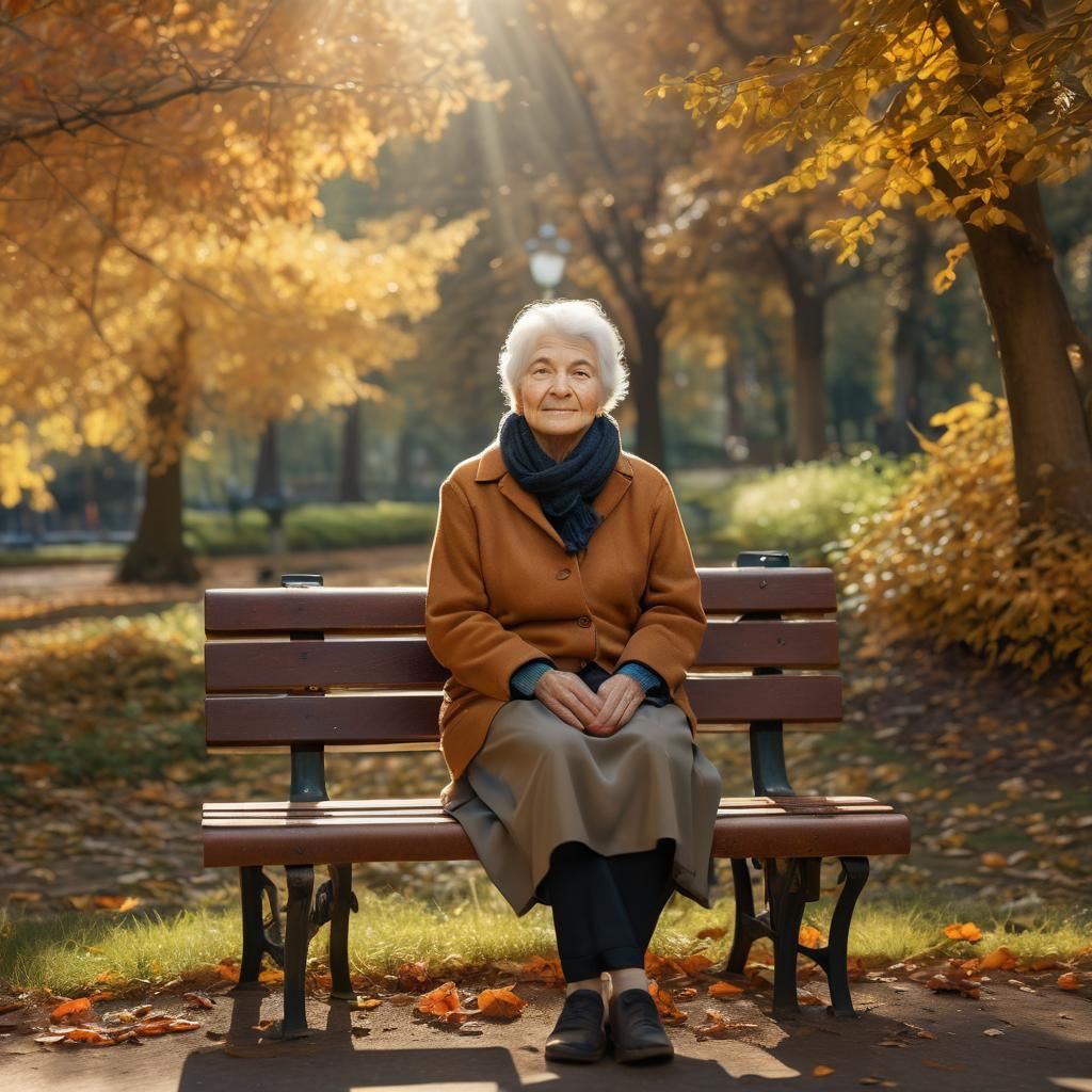 Elderly Woman in Autumn Park Sunlight