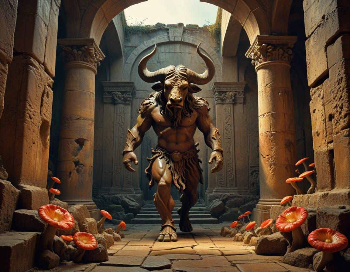 Minotaur in a Haunting, Dreamlike Labyrinth