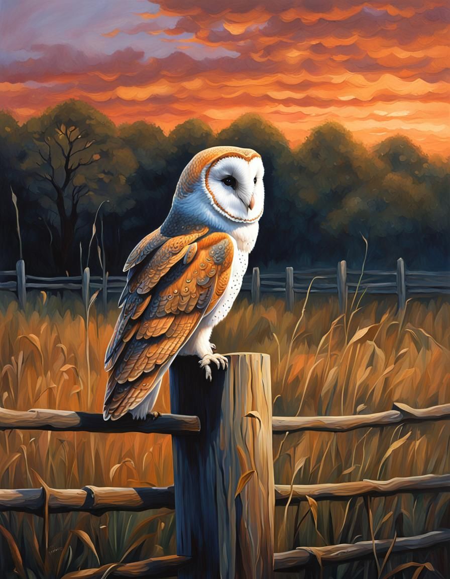 Barn Owl on Fence Post Wildlife Painting