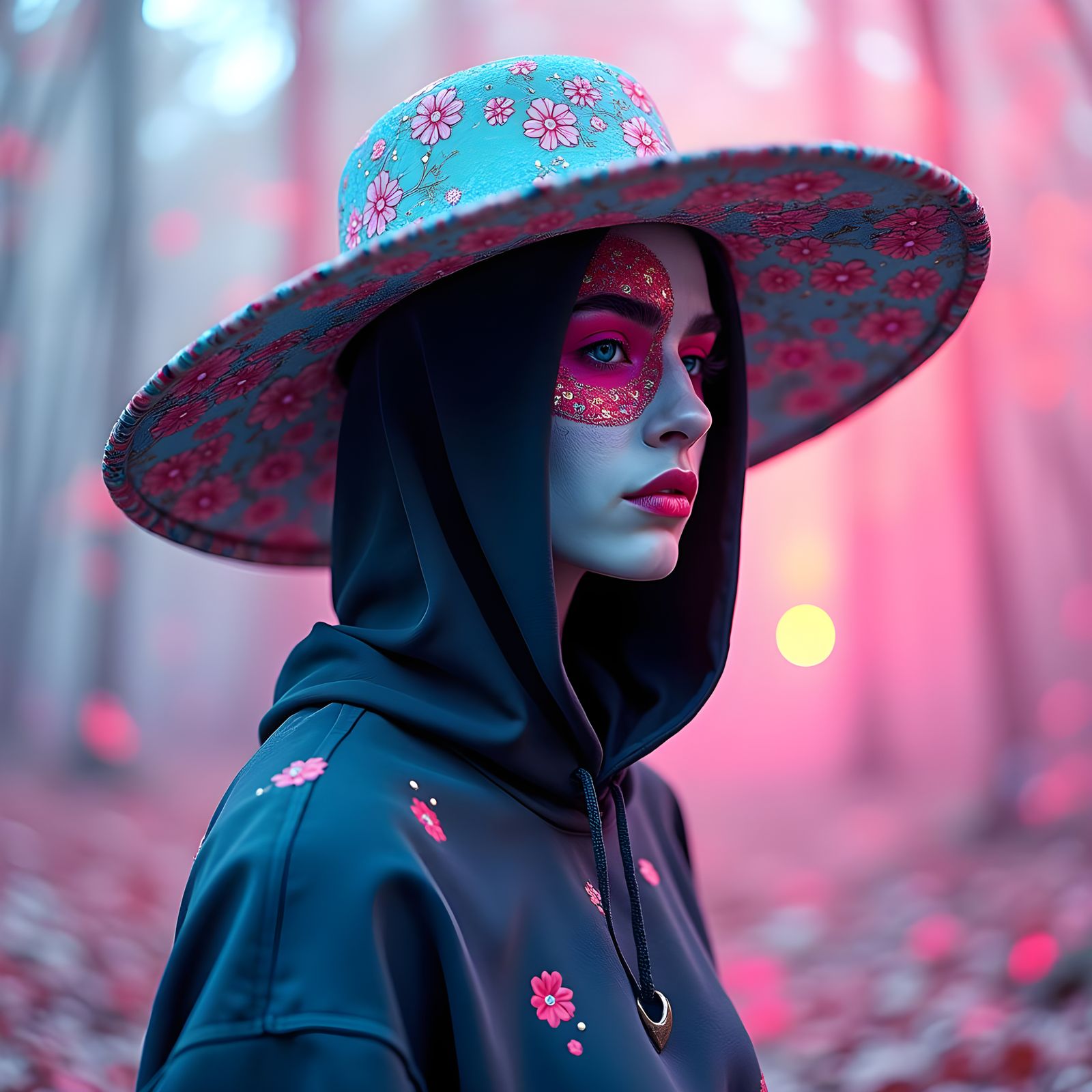 Dreamlike Glitch with Floral Figure in Pastel Neons