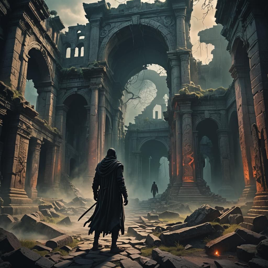 Person Shrouded in Shadows in Mystical Ruins