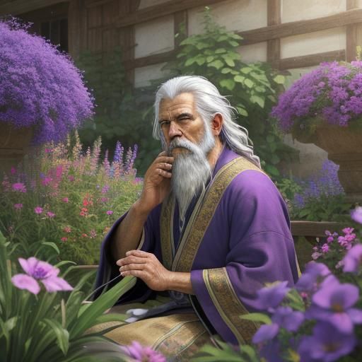 Contemplative Sage in Vibrant Garden