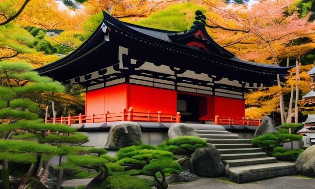 Japanese Temple with Geisha in Landscape, 8K