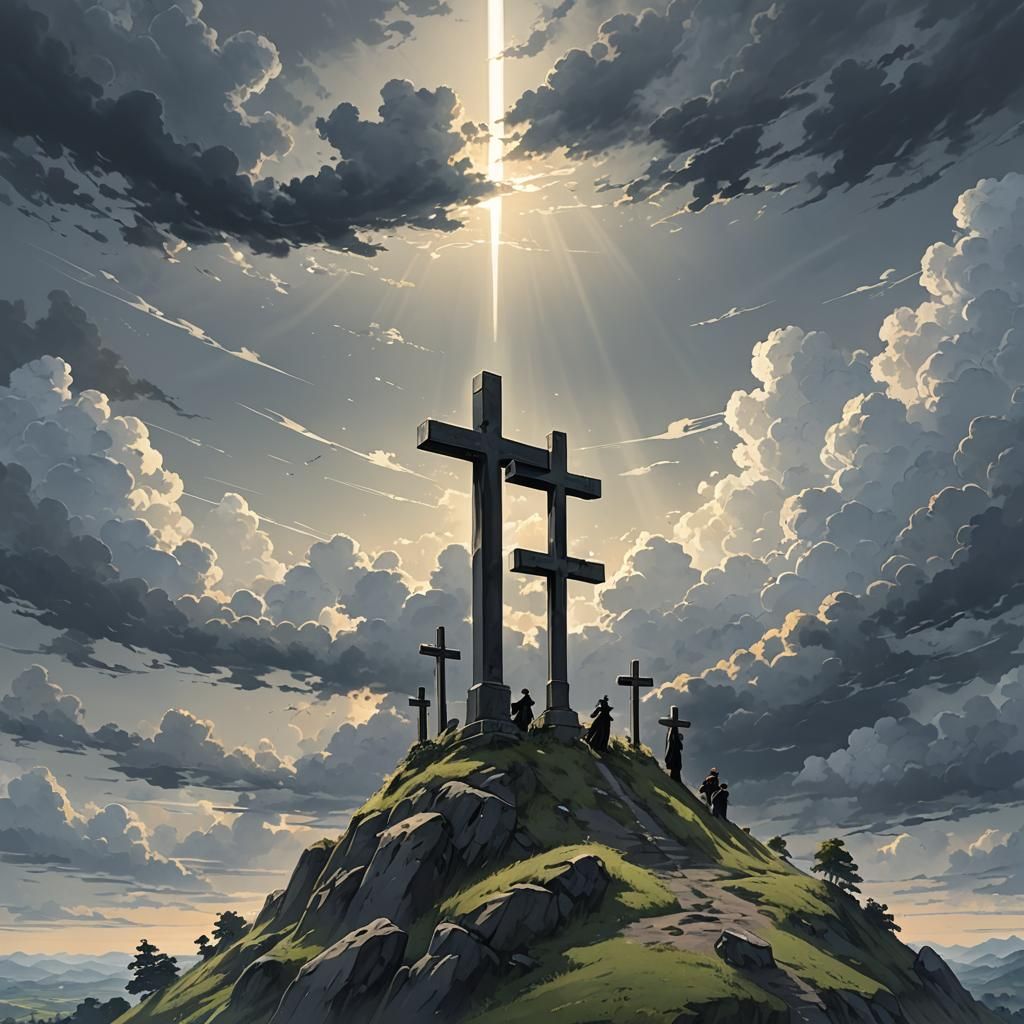 Crucifixes on Hill Illuminated by Sunlight: Anime Art