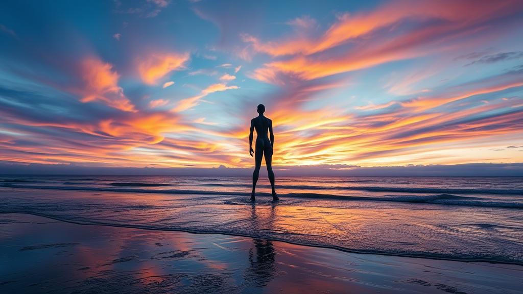 Iron Sculpture at Water's Edge in Dreamlike Landscape