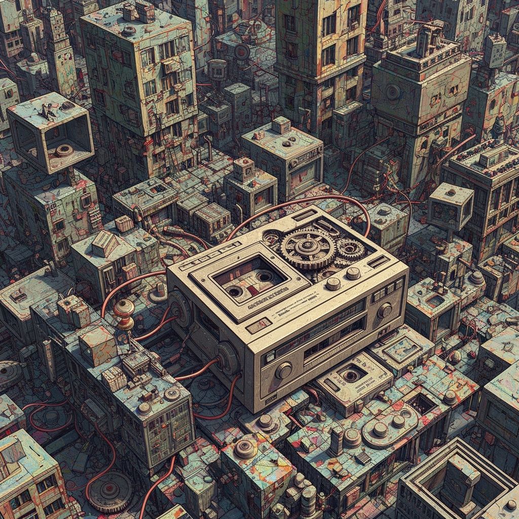 Surreal Cassette Player in Dystopian Sci-Fi Art