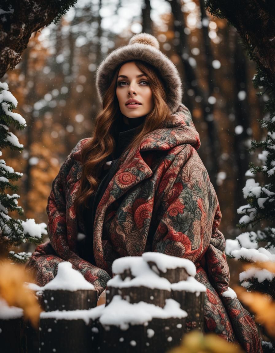 Woman in Brocade Coat in Winter Forest
