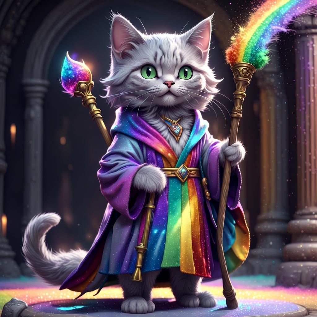 Cute Gray Cat Mage in Dark Fantasy Style