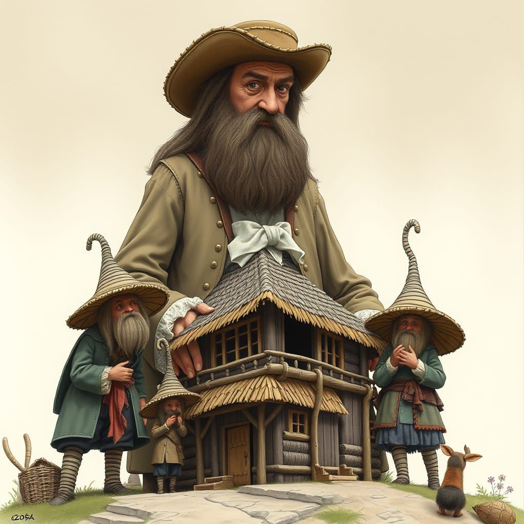 Giant Gulliver Helping Dwarves Build Homes