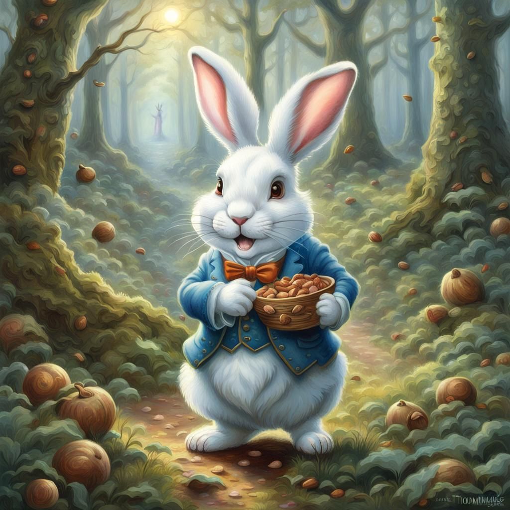 Friendly Rabbit Caricature in Forest, Ethereal Fantasy Style