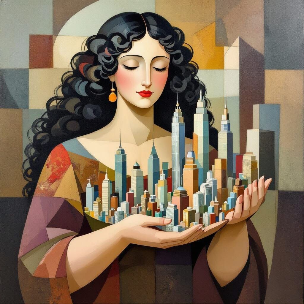 Giant Woman Holding Cityscape in Cubist Style