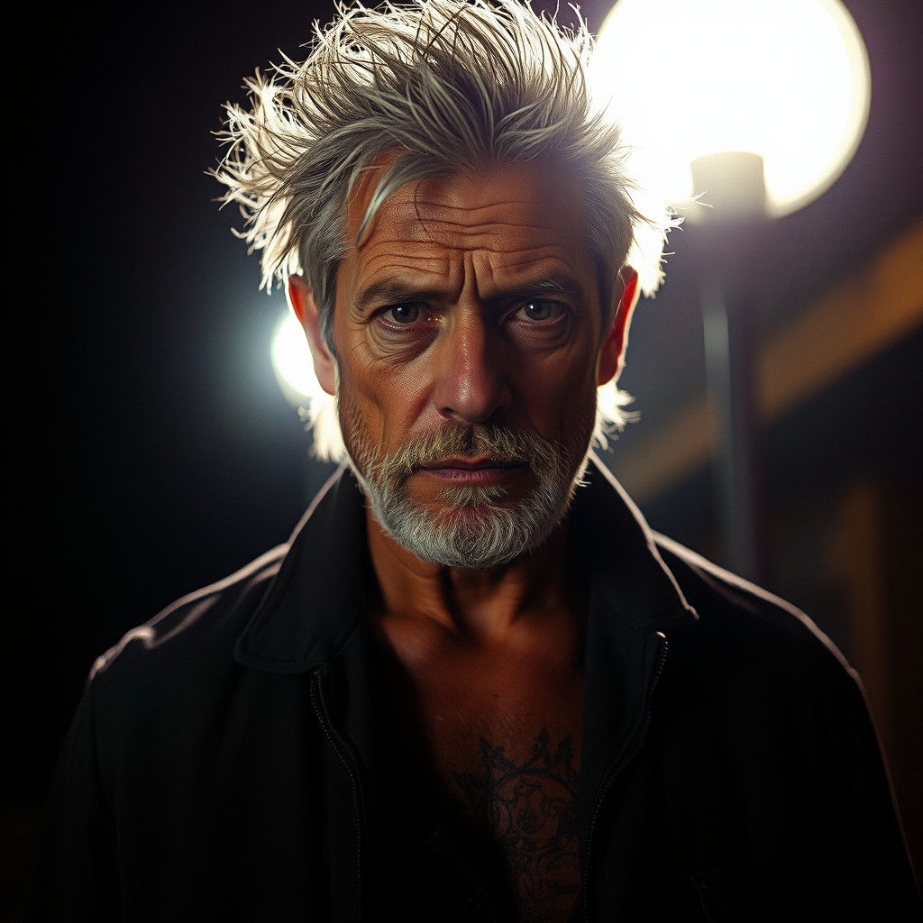 Gritty Film Still of Tattooed Man in Cityscape