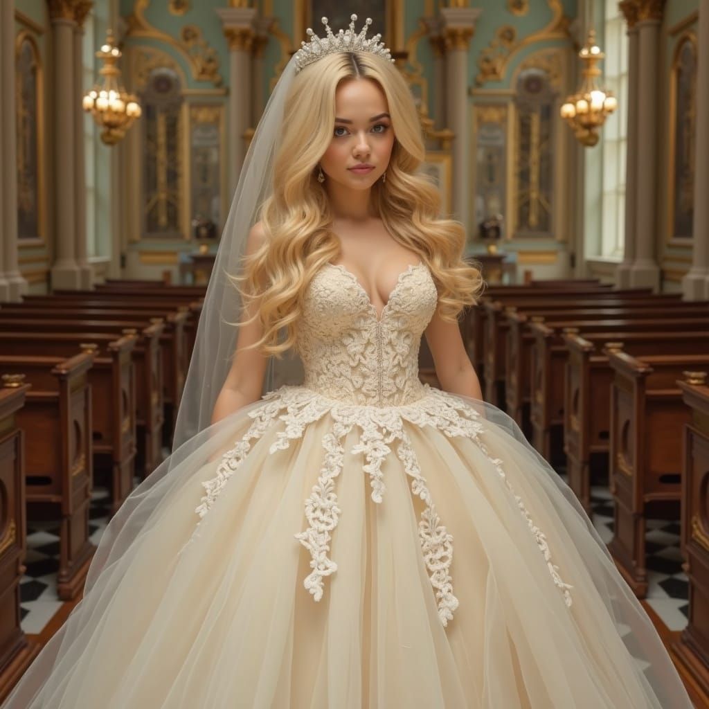 Blonde Bride in Ornate Church, Art Nouveau Style