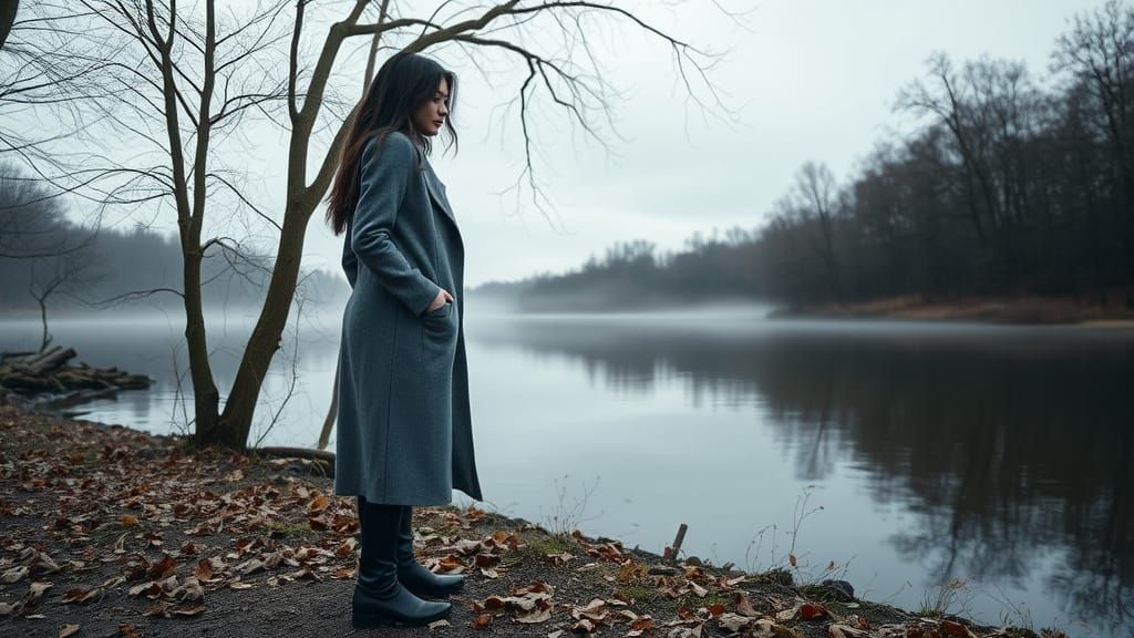 Cinematic November Lakeside Scene with Woman in Grey Coat