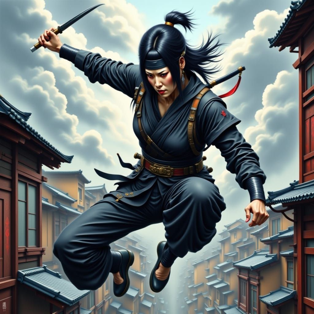 Female Ninja Leaps Across Rooftops with Katana