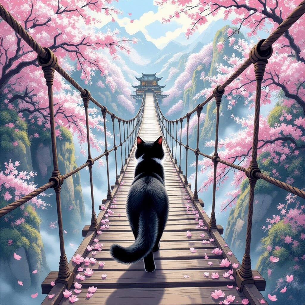 Black Cat Balances on Tibetan Bridge in Windy Sakura Canyon