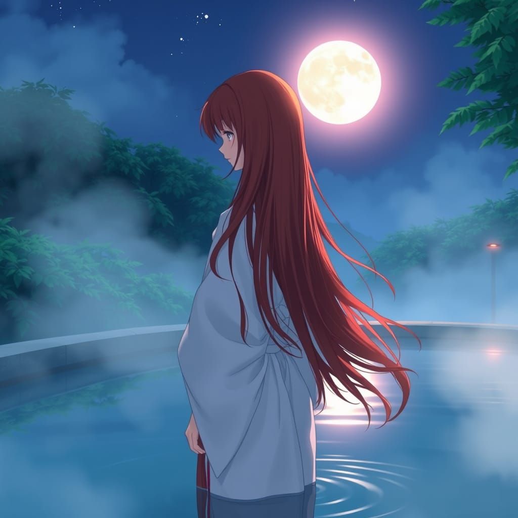 Ethereal Onsen: Lone Woman in Anime Art Style