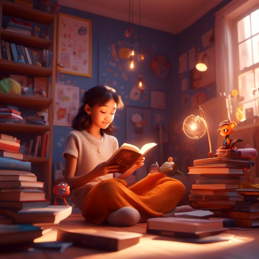 Woman Reading Book: Pixar-Style 3D Digital Art